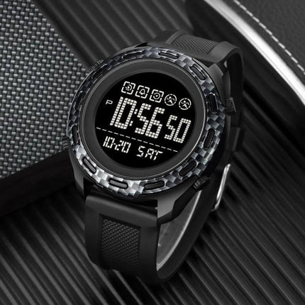 SKMEI Waterproof Electronic Watch with Stainless Steel Buckle, Black showing digital display, camo bezel and black silicone strap