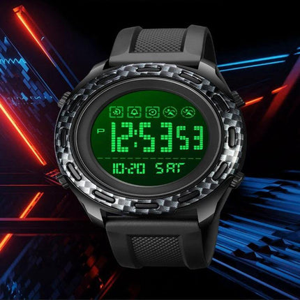 SKMEI Waterproof Electronic Watch with Stainless Steel Buckle, Black digital black watch face with green LED display and rubber strap