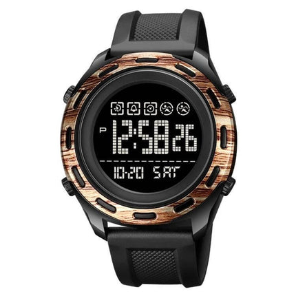 SKMEI Waterproof Electronic Watch with Stainless Steel Buckle, Black - black digital sport watch with wood-effect bezel, rubber strap and 50m water resistance
