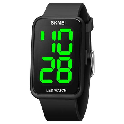 SKMEI Waterproof Electronic Watch for Everyday Activities black LED digital watch with green display, water-resistant up to 50m, silicone strap