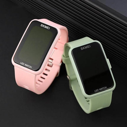SKMEI Waterproof Electronic Watch for Everyday Activities showing two LED watches in pastel pink and green, water-resistant design for swimming and workouts