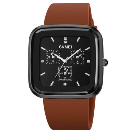 SKMEI Silicone Strap Waterproof Quartz Watch for Everyday Timekeeping showing black square dial and brown silicone strap