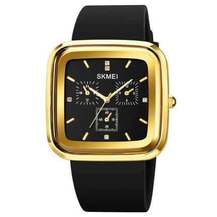 SKMEI Silicone Strap Waterproof Quartz Watch for Everyday Timekeeping - black silicone band, gold square case, quartz chronograph style for daily wear
