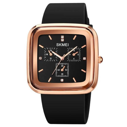 SKMEI Silicone Strap Waterproof Quartz Watch for Everyday Timekeeping - black silicone strap, rose gold square case, analog dial