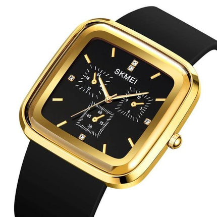 SKMEI Silicone Strap Waterproof Quartz Watch for Everyday Timekeeping — gold square case black dial with chronograph subdials and black silicone strap