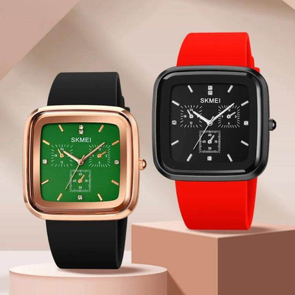 SKMEI Silicone Strap Waterproof Quartz Watch for Everyday Timekeeping - black strap with green dial and red strap with black dial, casual waterproof design