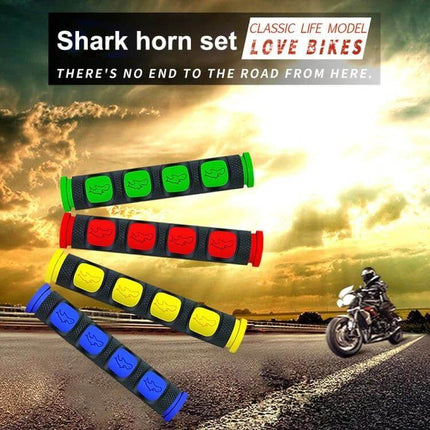 PVC Horn Shape Hand Grip Covers For Motorcycle 2 Pack displayed in red green blue and yellow slip-on grips against a road backdrop