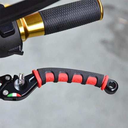 PVC Horn Shape Hand Grip Covers For Motorcycle 2 Pack - red and black PVC horn-style slip-on grip covers shown on motorcycle lever and handlebar