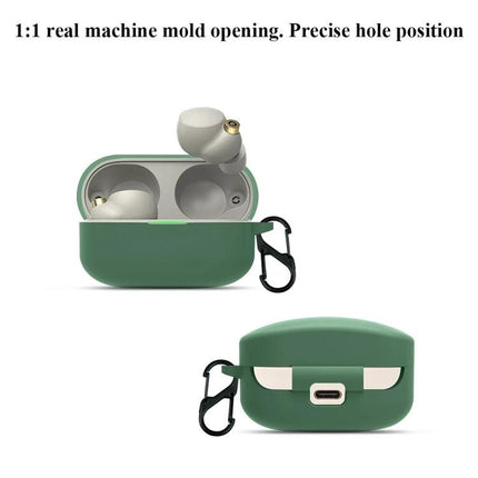 A Protective Case for Sony Earphones in Everyday Situations - green silicone case with carabiner, open and closed views