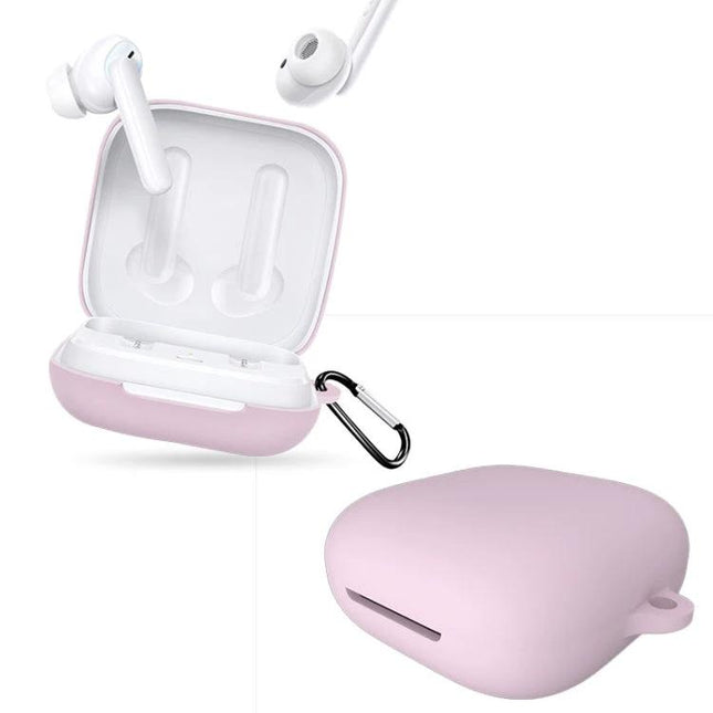 Silicone Protective Case for OPPO Enco W51 Earphones in Daily Life - pink silicone cover with carabiner for on-the-go protection