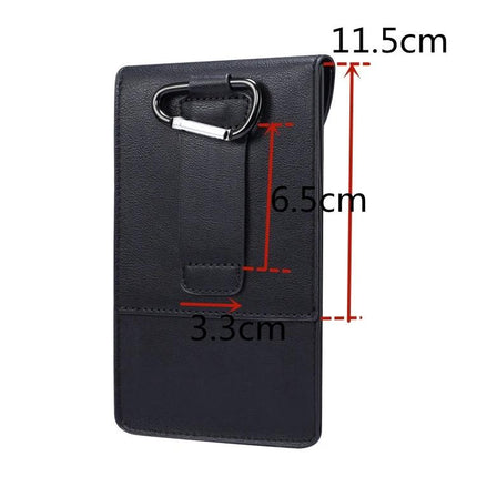 Universal Fanny Pack For Phones Up To 5.7 Inches - slim black leather belt pouch with carabiner and size markings