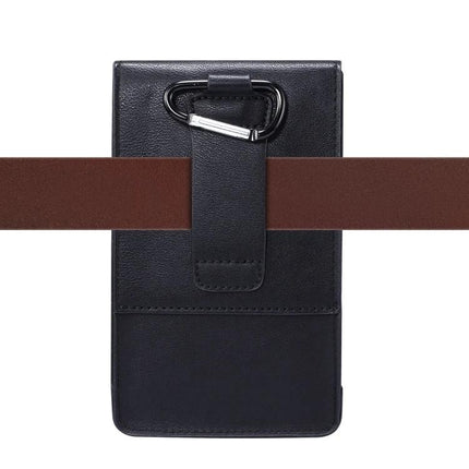 Universal Fanny Pack For Phones Up To 5.7 Inches - slim black leather belt pouch with carabiner for hiking and cycling