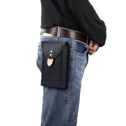 Universal Fanny Pack For Phones Up To 5.7 Inches - slim black leather belt pouch worn on hip, hands-free phone protection for hiking and cycling
