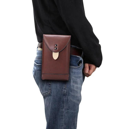 Universal Fanny Pack For Phones Up To 5.7 Inches - slim brown leather belt pouch shown worn on hip, secure hands-free phone carry for hiking and cycling