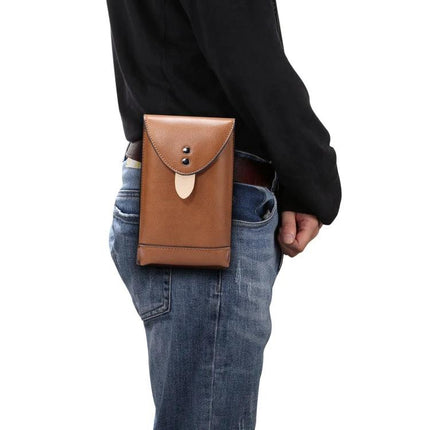 Universal Fanny Pack For Phones Up To 5.7 Inches - slim brown leather waist pouch for hiking and cycling, protects phone and fits most smartphones