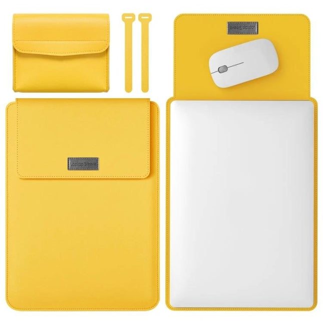 Alt Tag: Versatile 4-in-1 Leather Laptop Bag for Daily Carrying in bright yellow laid out with sleeve, mouse pad, pouch and straps