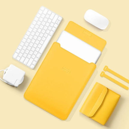 Versatile 4-in-1 Leather Laptop Bag for Daily Carrying in yellow with laptop sleeve, keyboard, mouse and accessories for commuting and travel protection
