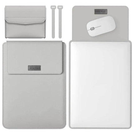 Versatile 4-in-1 Leather Laptop Bag for Daily Carrying shown open with laptop sleeve, mouse pad, small pouch and straps, light gray leather