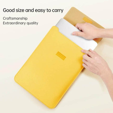 Versatile 4-in-1 Leather Laptop Bag for Daily Carrying shows hands sliding a laptop into a slim yellow protective sleeve for commuting and everyday use