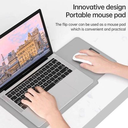 Versatile 4-in-1 Leather Laptop Bag for Daily Carrying showing laptop on flap used as portable mouse pad, lightweight protective daily commuter bag