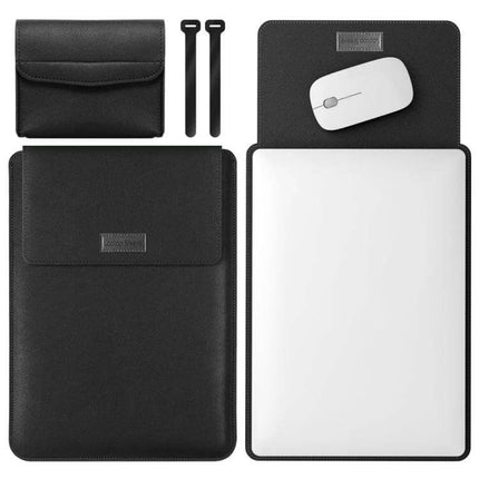 Versatile 4-in-1 Leather Laptop Bag for Daily Carrying shown in black with sleeve, mouse pad, pouch and cable organizers