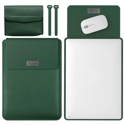 Versatile 4-in-1 Leather Laptop Bag for Daily Carrying in green showing sleeve, pouch, mouse pad and straps - lightweight protective set