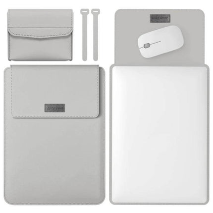Versatile 4-in-1 Leather Laptop Bag for Daily Carrying showing laptop sleeve, mouse pad, organizer pouch and straps in light gray