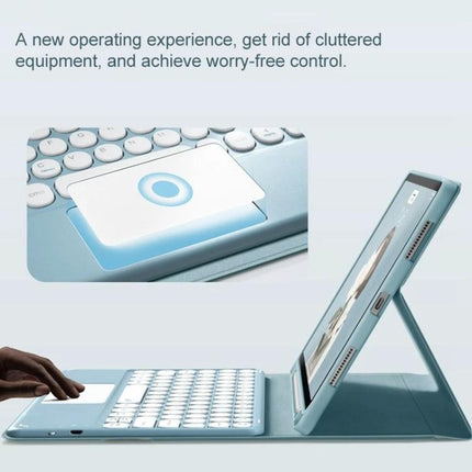 Leather Bluetooth Keyboard Case for Samsung Galaxy Tab S7 and A7 10.4 showing turquoise leather case with integrated wireless keyboard and tablet stand