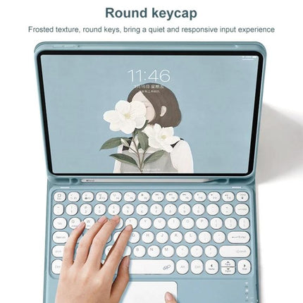 Leather Bluetooth Keyboard Case for Samsung Galaxy Tab S7 and A7 10.4 showing round keycap keyboard and tablet display with hand typing