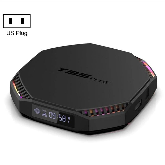 T95 Plus Smart TV Streaming Box for Home Entertainment Use black octagonal Android 11.0 streamer with LED display and HDMI connectivity