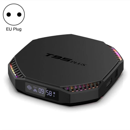 T95 Plus Smart TV Streaming Box for Home Entertainment Use sleek black octagonal Android 11.0 streaming box with LED display and cooling vents