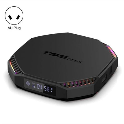 T95 Plus Smart TV Streaming Box for Home Entertainment Use sleek black octagonal Android 11 streaming device with LED display and HDMI ports