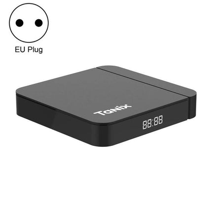 Tanix W2 Android Smart TV Box for Streaming with Dual WiFi — compact black Android 11 media player with LED display and EU plug