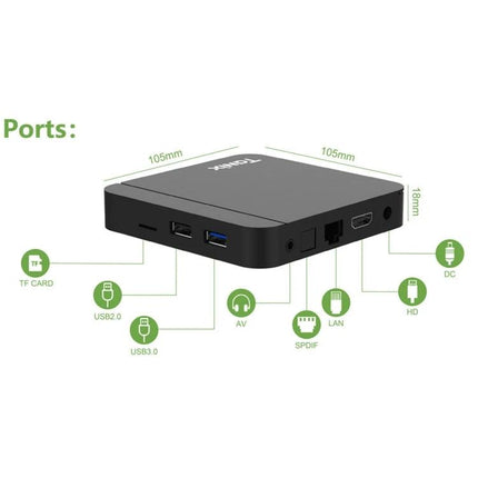 Tanix W2 Android Smart TV Box for Streaming with Dual WiFi showing ports and dimensions (TF card, USB2.0, USB3.0, AV, SPDIF, LAN, HD, DC)