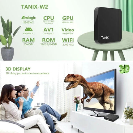 Tanix W2 Android Smart TV Box for Streaming with Dual WiFi showing device, specs and family enjoying 3D display