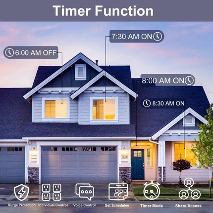 Versatile Smart Power Strip with USB Ports and Remote Control showing home timer schedule controlling lights and devices