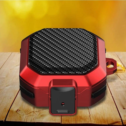 Protective Case for Samsung Earbuds During Daily Activities - red rugged carbon-fiber style protective case on wooden surface