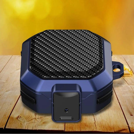 Protective Case for Samsung Earbuds During Daily Activities - compact blue carbon-fiber protective case on wooden table