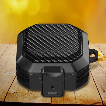 Protective Case for Samsung Earbuds During Daily Activities - rugged black carbon-fiber textured protective case on wood surface