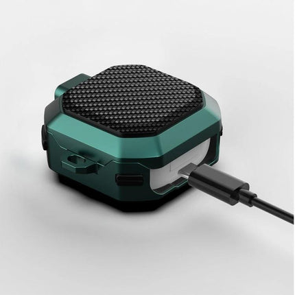 Protective Case for Samsung Earbuds During Daily Activities green rugged case with charging cable plugged in, scratch and drop protection