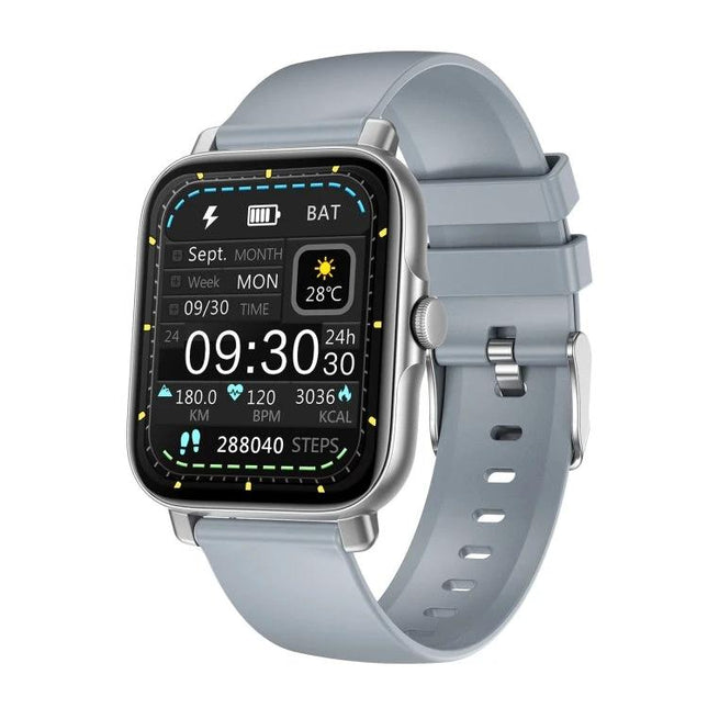 Practical Smart Watch for Everyday Routines and Activities - sleek gray smartwatch displaying time, heart rate, steps, weather, and notifications