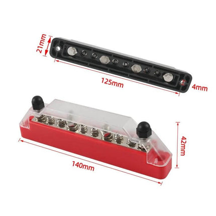 10 Way Power Distribution Block With 4 Fixing Screws nickel-plated copper bar with flame-retardant base, clear cover and mounting screws, dimensions shown