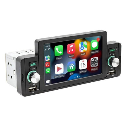 5 Inch Bluetooth Car MP5 Player for Hands-Free Audio Control showing touchscreen, USB port, knobs and smartphone integration