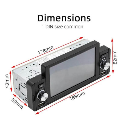 5 Inch Bluetooth Car MP5 Player for Hands-Free Audio Control - 1 DIN multimedia unit with touchscreen, knobs, USB and dimensions shown (188x82x52mm)