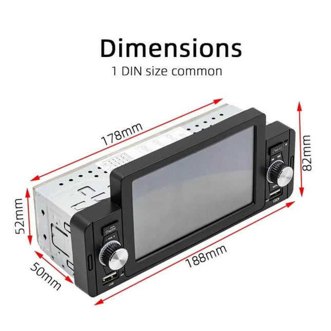 5 Inch Bluetooth Car MP5 Player for Hands-Free Audio Control - 1 DIN multimedia unit with touchscreen, knobs, USB and dimensions shown (188x82x52mm)