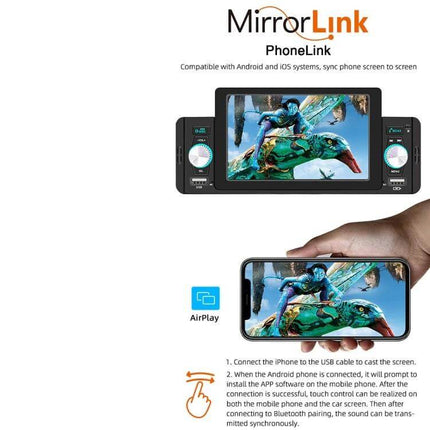 5 Inch Bluetooth Car MP5 Player for Hands-Free Audio Control showing MirrorLink and AirPlay screen mirroring features