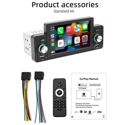 5 Inch Bluetooth Car MP5 Player for Hands-Free Audio Control showing unit, wiring harness, remote and manual