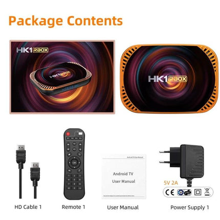 MECOOL HK1RBOX X4 4K Android TV Box for Streaming Media package contents showing box, device, remote, HDMI cable, manual and power supply