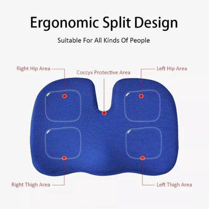 Soft U-Shaped Ergonomic Seat Cushion, Mesh Style For Everyday Comfort - blue ergonomic split U-shaped cushion highlighting coccyx protective area and hip/thigh support