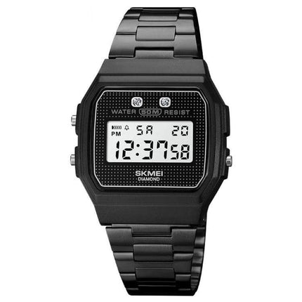 SKMEI Waterproof Electronic Wristwatch for Everyday Wear black digital watch with 50m water resistant resin case and metal bracelet